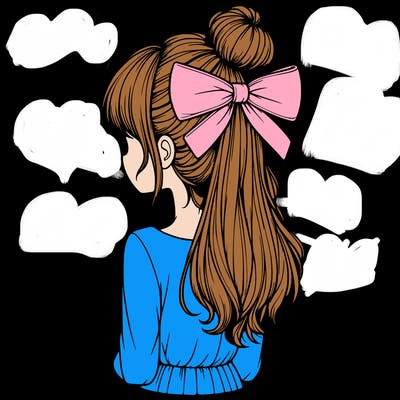 realistic girl  with hip length hair a bun and a big bow on the back of head