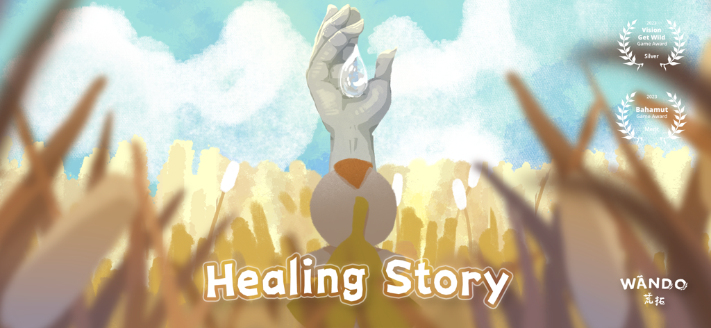 Wando - Ilustración dibujada a mano del juego de puzzles Wando que muestra una mano sosteniendo una gota de agua en un campo soleado.