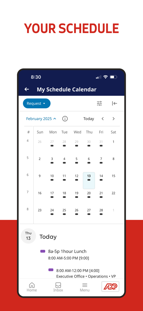 ADP My Work - ADP My Work app interface showing a monthly work schedule calendar and daily shift details for an employee.