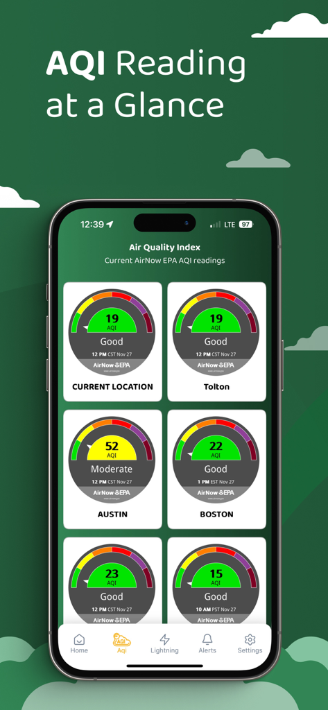 Zelus WBGT - Zelus WBGT app interface displaying real-time Air Quality Index gauges for multiple locations
