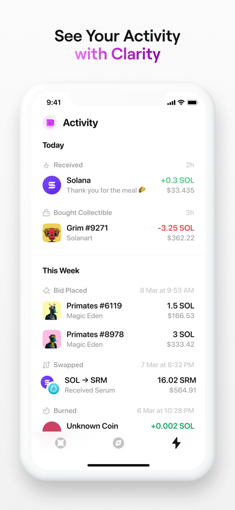 Glow — Solana Wallet - Pantalla de actividad de la billetera Glow Solana que muestra el historial de transacciones y las compras de NFT.