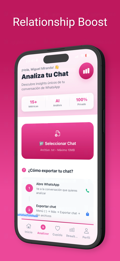 CoupleAI: Flirting Assistant - CoupleAI app interface showing the WhatsApp chat analysis feature for relationship insights