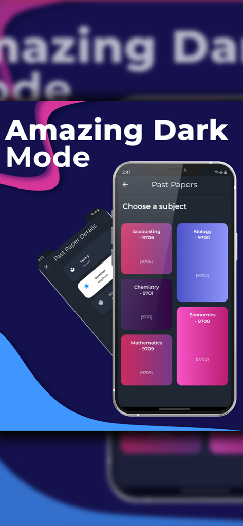 Papa Cambridge app screen showing subject options for past papers in dark mode