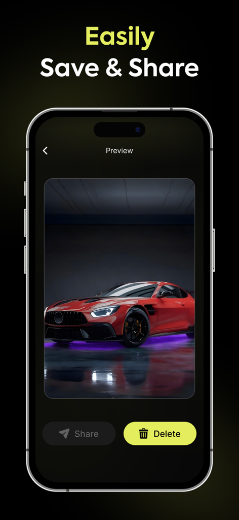 AI Car Designer Modify Style - Mobile app interface showing a preview of a modified red sports car with sharing options