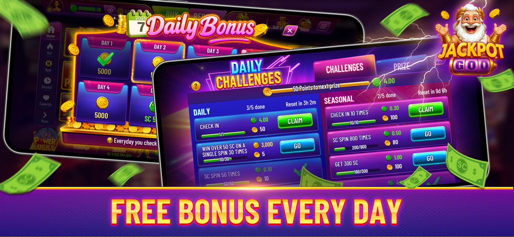 Jackpot Go: Slots Casino - Interface do aplicativo Jackpot Go mostrando recompensas de bônus diário e desafios sazonais para jogadores de slot móveis.