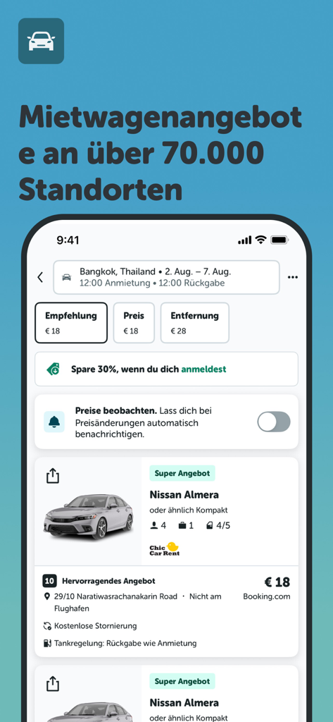 checkfelix: Flüge Hotels Autos - Interfaccia dell'app mobile checkfelix che mostra i risultati della ricerca di autonoleggio e i filtri di prezzo