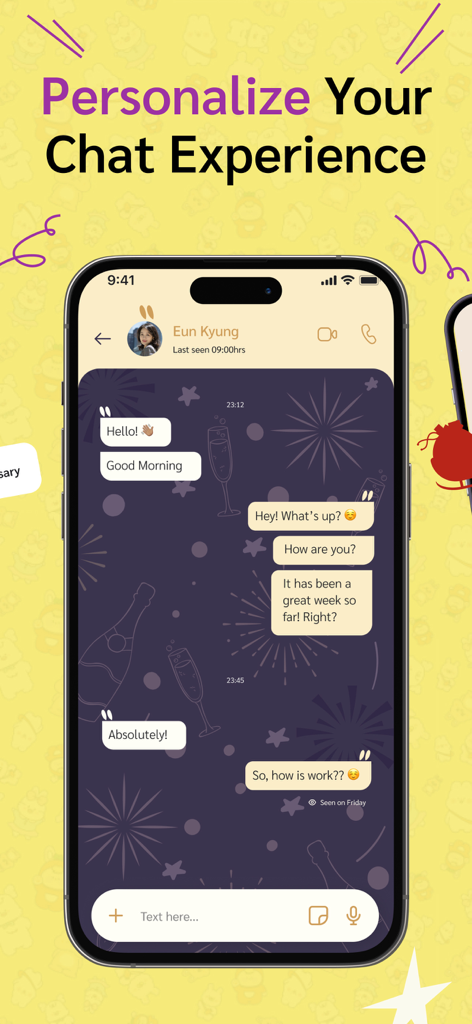 Video Chat — Tokee - A smartphone screen showing a customized chat interface in the Tokee app with a dark purple firework theme and a yellow patterned background.