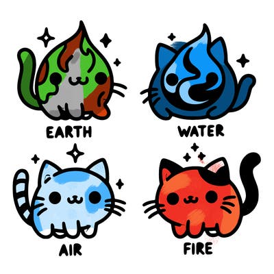 4 cats that represent the different elements, earth, water, air, and fire