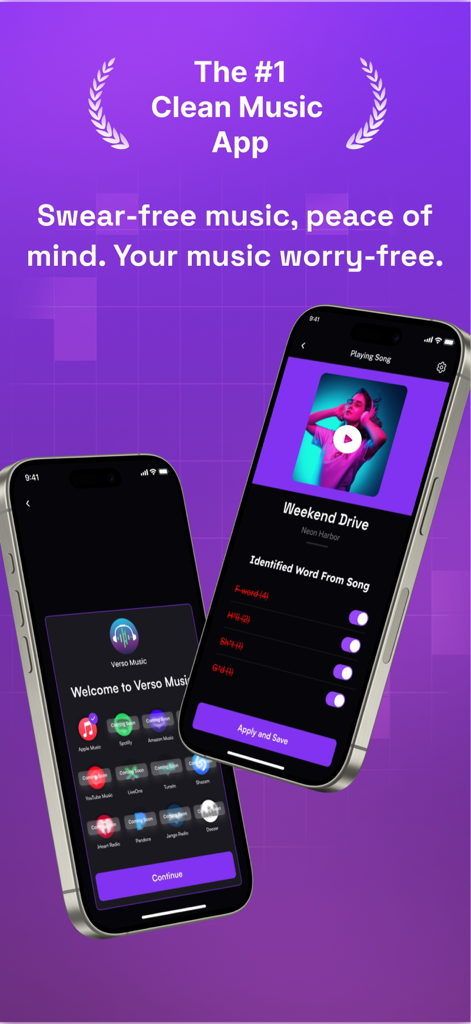Verso: Clean Music AI - Versoアプリのインターフェースを示し、音楽から露骨な単語をフィルターし、ストリーミングサービスと同期する2つのiPhone。