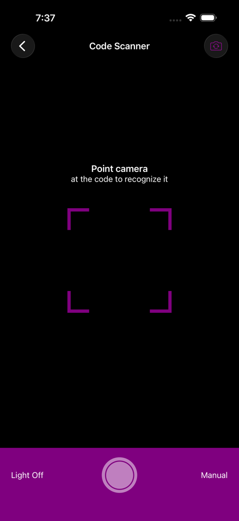 Camera scanning interface of the Code Scanner app with a purple alignment frame and control buttons