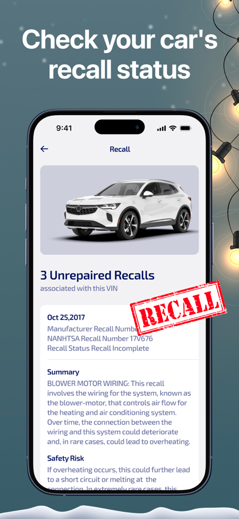 Smartphone screen showing car recall status and safety alerts in the KeyConnect app