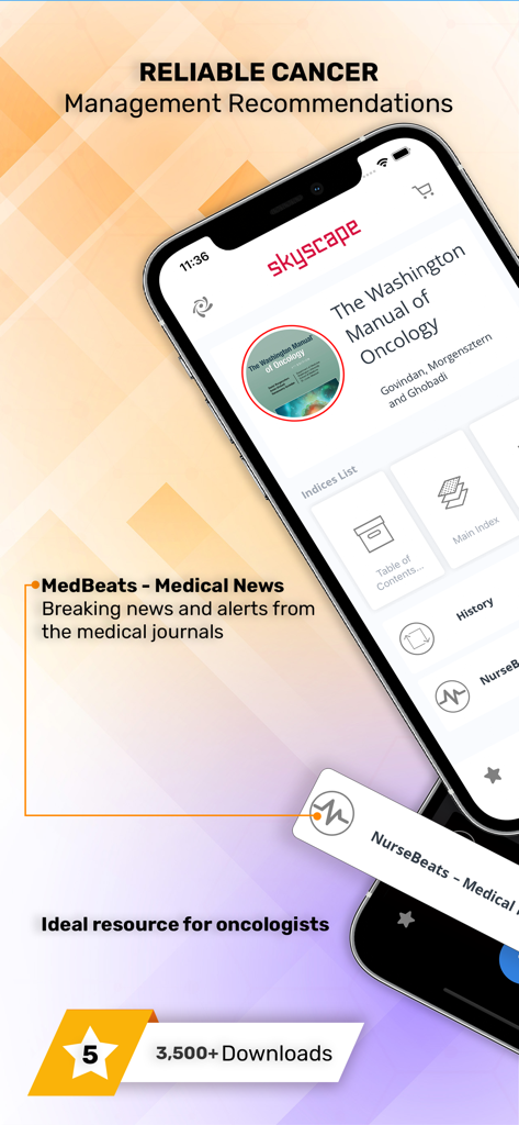 Washington Manual of Oncology - Smartphone screen showing The Washington Manual of Oncology app with cancer management recommendations and medical news