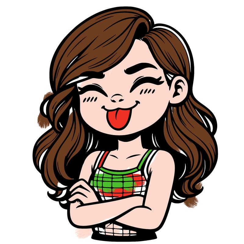 realistic girl crossing her arms and wearing a tank top with her tongue held out she has long hair