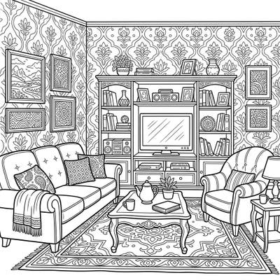 Step into a world of comfort and creativity with this intricate living room furniture coloring page. Bring to life a cozy sofa, elegant armchair, and detailed entertainment unit with your unique palette.