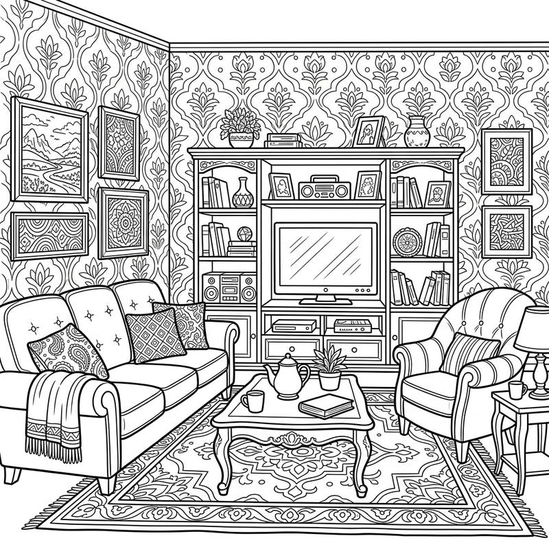 Step into a world of comfort and creativity with this intricate living room furniture coloring page. Bring to life a cozy sofa, elegant armchair, and detailed entertainment unit with your unique palette.