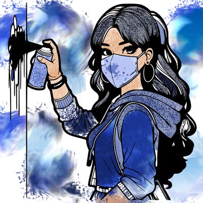 realistic girl with mask spray painting a wall