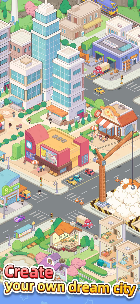 A vibrant cartoon city simulation with skyscrapers houses and a construction crane
