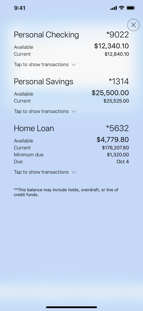 EECU mobile app interface showing personal checking, savings, and home loan balances