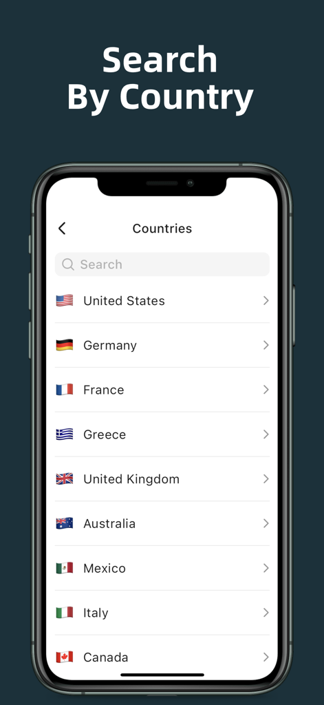 Interface mostrando a busca por estações de rádio internacionais por país com bandeiras