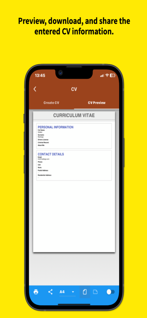 Zapp83 app screen showing a professional curriculum vitae preview on a smartphone