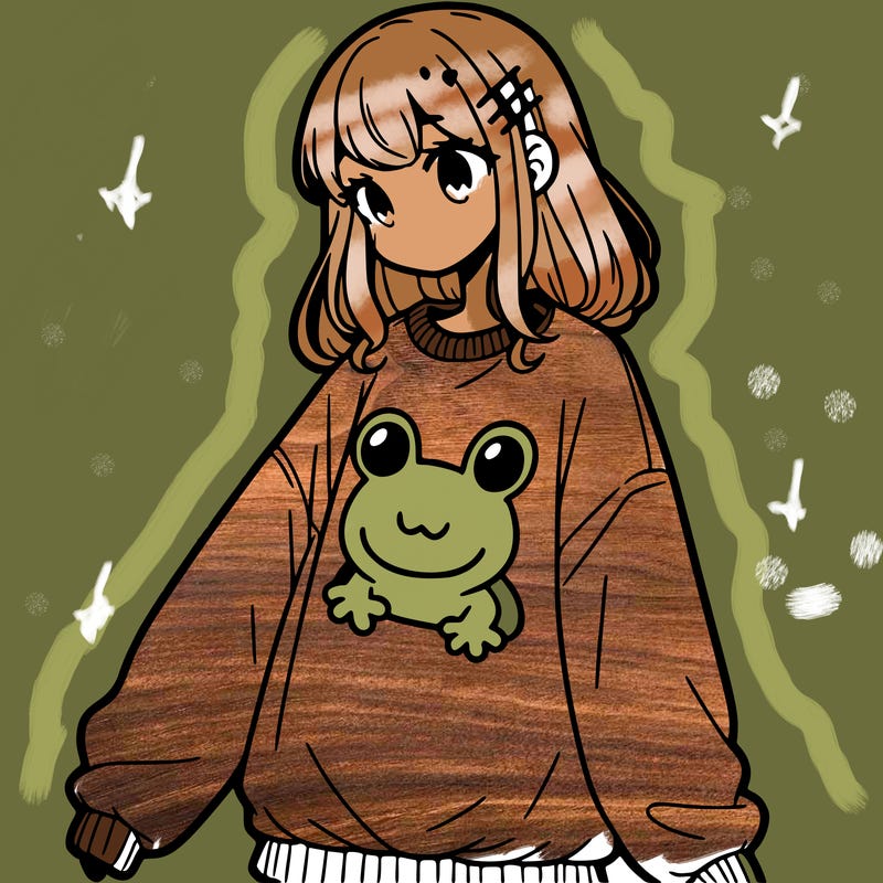 girl wearing frogging sweatshirt