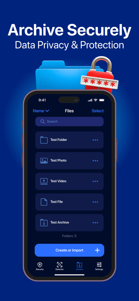 ProtectMe 360 app interface showing the secure file archive and data protection feature