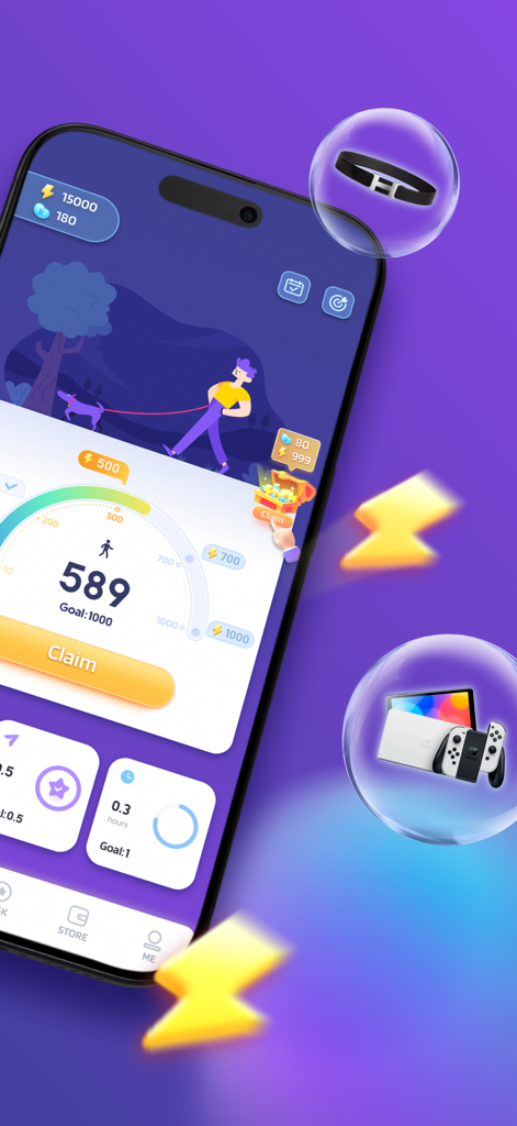 StepBucks: Step into health - Pantalla de la aplicación StepBucks mostrando recuentos de pasos y recompensas potenciales en burbujas