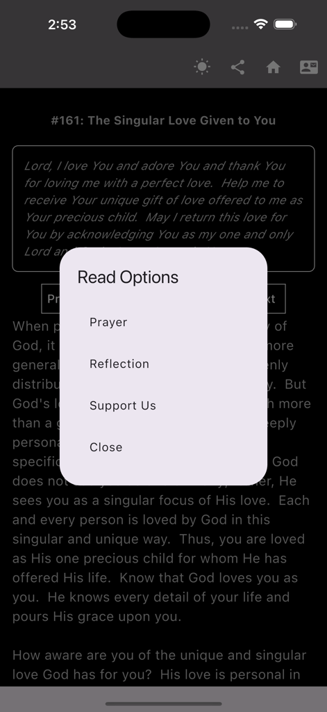 Reflections on Divine Mercy - Reflections on Divine Mercy app interface showing a Read Options popup menu with selections for Prayer and Reflection in dark mode