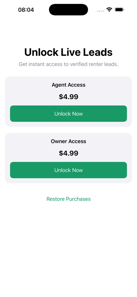 LiveLeads app interface showing Agent Access and Owner Access unlock options for four dollars and ninety-nine cents each.