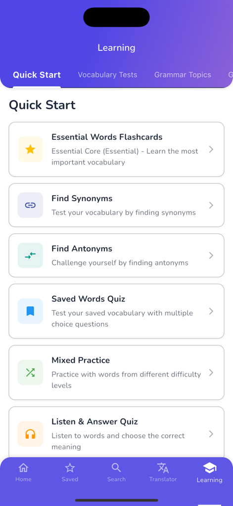 Learning dashboard of the English Uzbek Dictionary BRIDG app showing vocabulary practice options and quizzes.