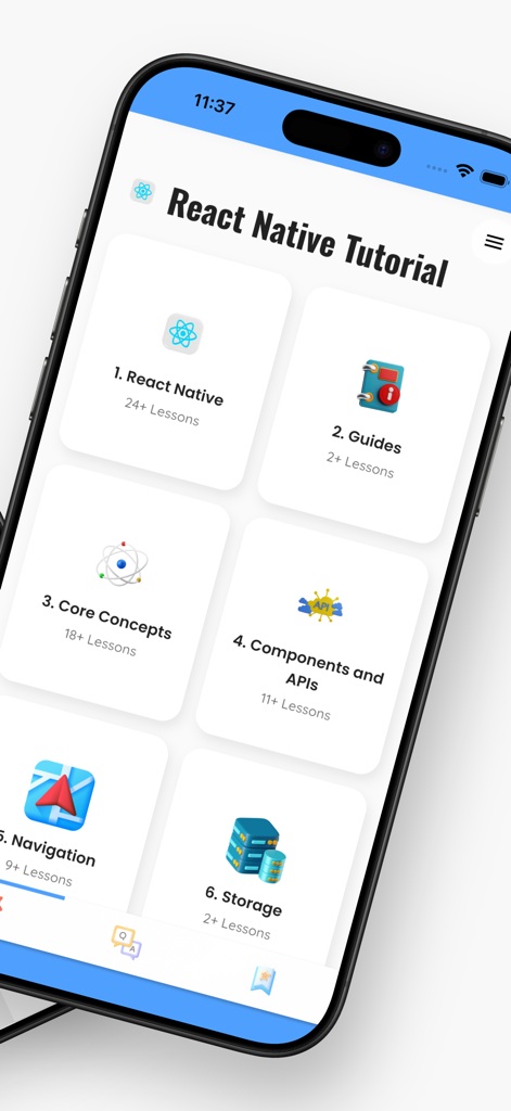 Learn React Native PRO - Dashboard showing React Native tutorial modules including core concepts components and navigation
