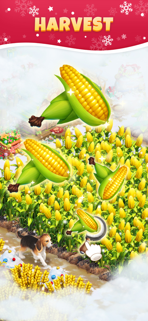 Sarah's Adventure: Time Travel - Una captura de pantalla del juego que muestra la jugabilidad de la cosecha de maíz en Sarahs Adventure con un perro beagle y una herramienta de hoz