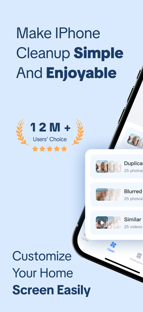 AI Storage Cleaner：Free Up - Una pantalla de iPhone que muestra la interfaz de la aplicación Limpiador de Almacenamiento IA con opciones para limpiar duplicados y fotos borrosas