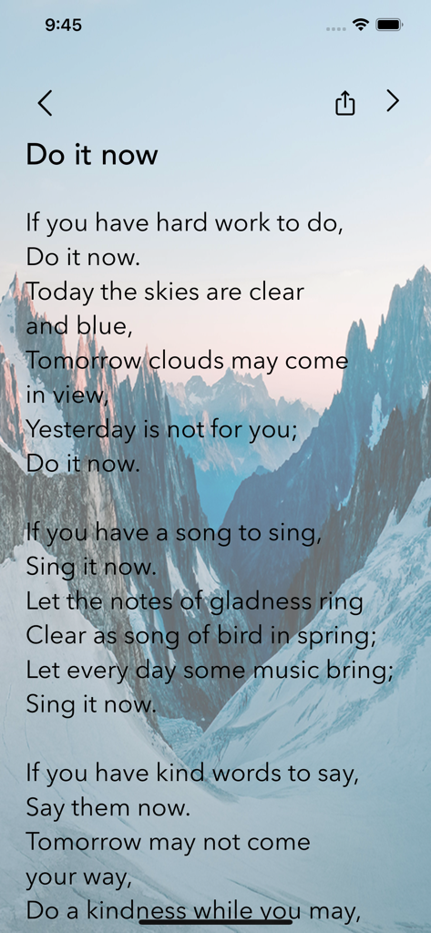 Simply Inspiring - Inspirational poem titled Do it now displayed over a mountain landscape background in the Simply Inspiring app