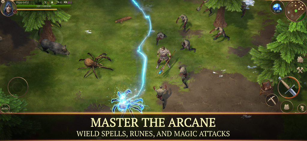 Stormfall Saga of Survival에서 거대한 거미와 몬스터에게 번개 마법을 시전하는 캐릭터.