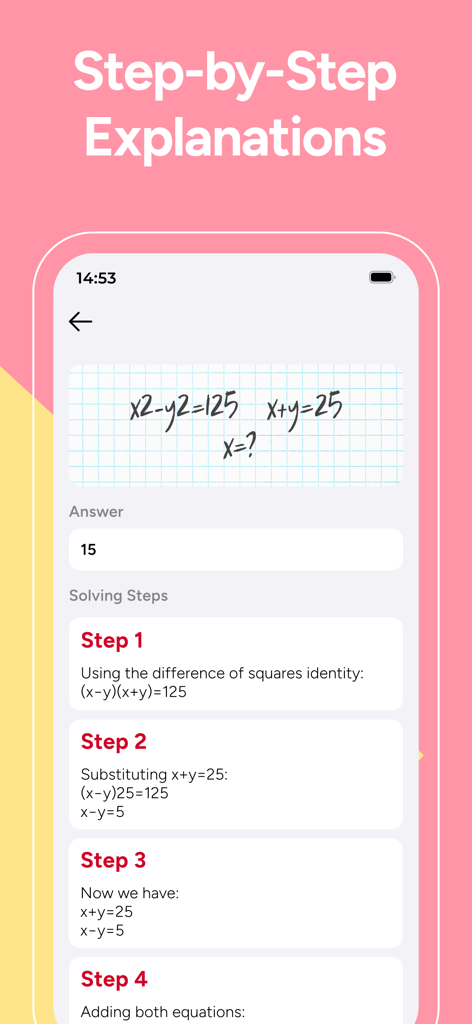 AI 수학 해결사 앱의 인터페이스로 대수학 문제에 대한 단계별 설명이 표시됩니다.
