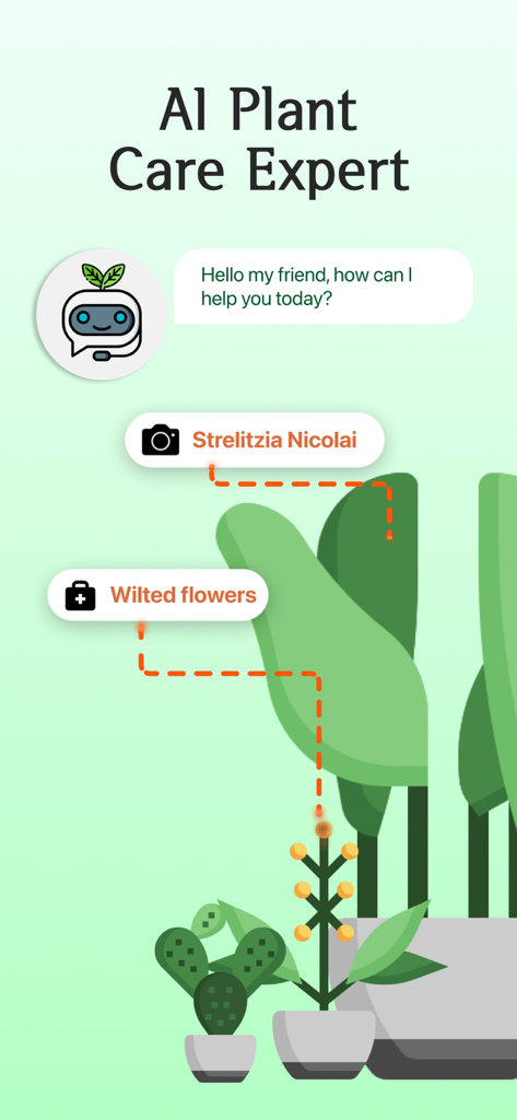 Interface do aplicativo AI Plant Care Expert mostrando um chatbot e rótulos de diagnóstico de saúde de plantas