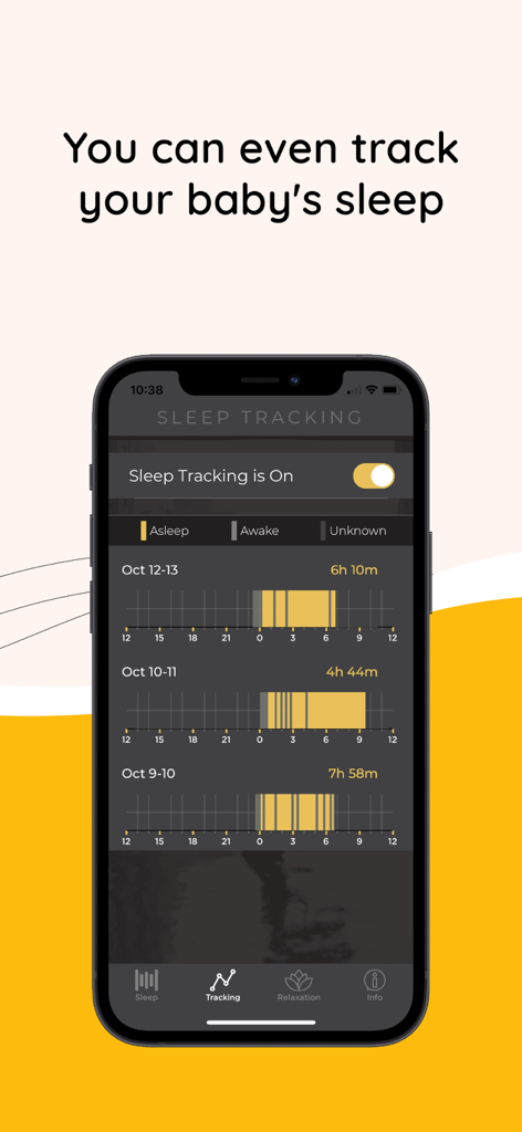 Sound Sleeper app screen displaying baby sleep tracking charts and data logs