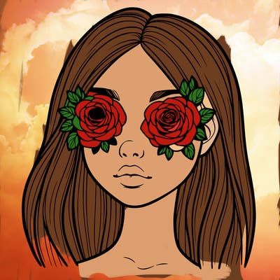 a realistic girl with roses for eyes