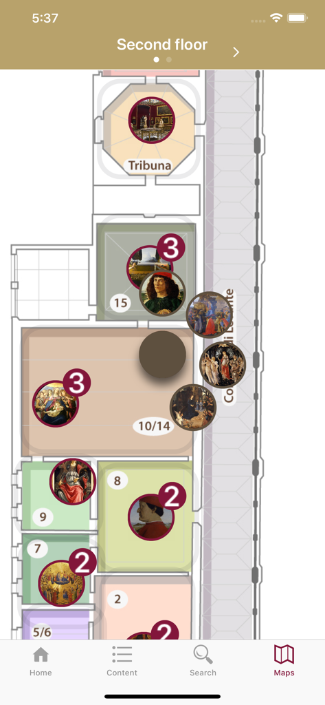 Eine interaktive Karte des zweiten Stocks der Uffizien, die Kunstwerkstandorte und Raumbelegungen des Museums zeigt