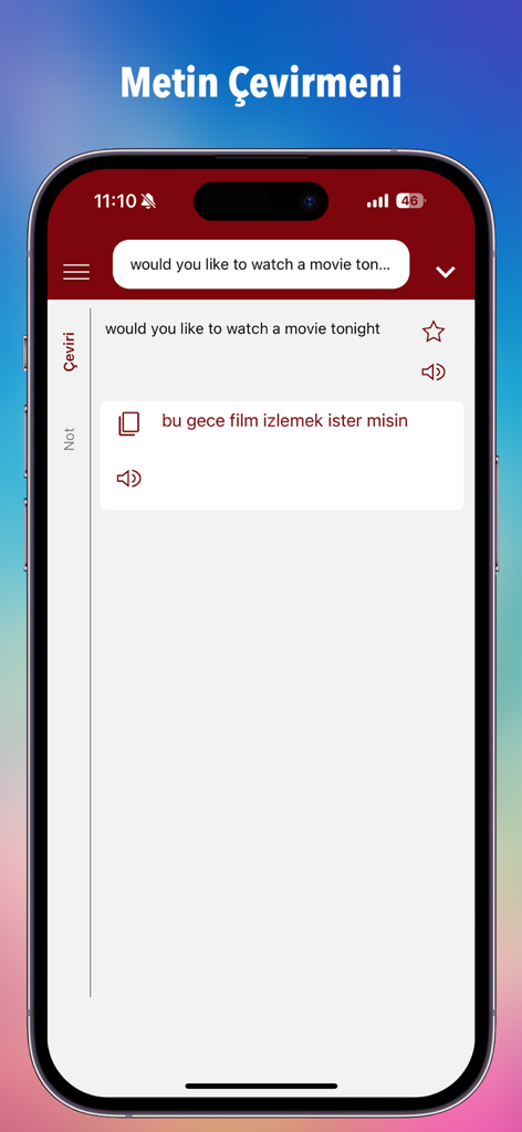 Interfaz de traducción de texto de inglés a turco en la aplicación Ceviri Plus.