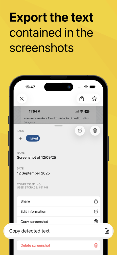 Screenshot PRO Screenshots App - Interface of the Screenshot PRO app highlighting the copy detected text feature for extracting information from images