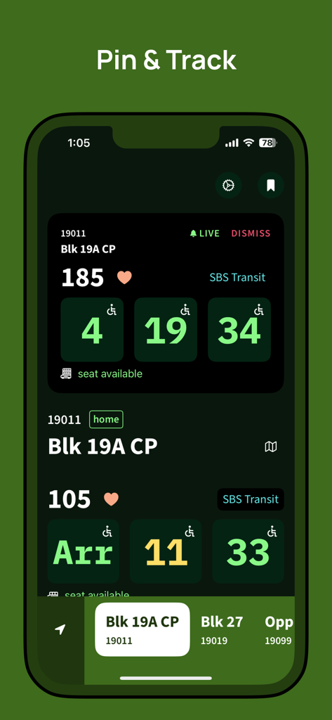 Interfaz de usuario de la aplicación Singapore Bus que muestra predicciones de llegada de autobuses en tiempo real y rutas fijadas.