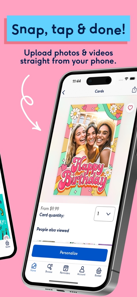 Moonpig: Birthday Cards - A smartphone displaying the Moonpig app interface for customizing a birthday card with personal photos.