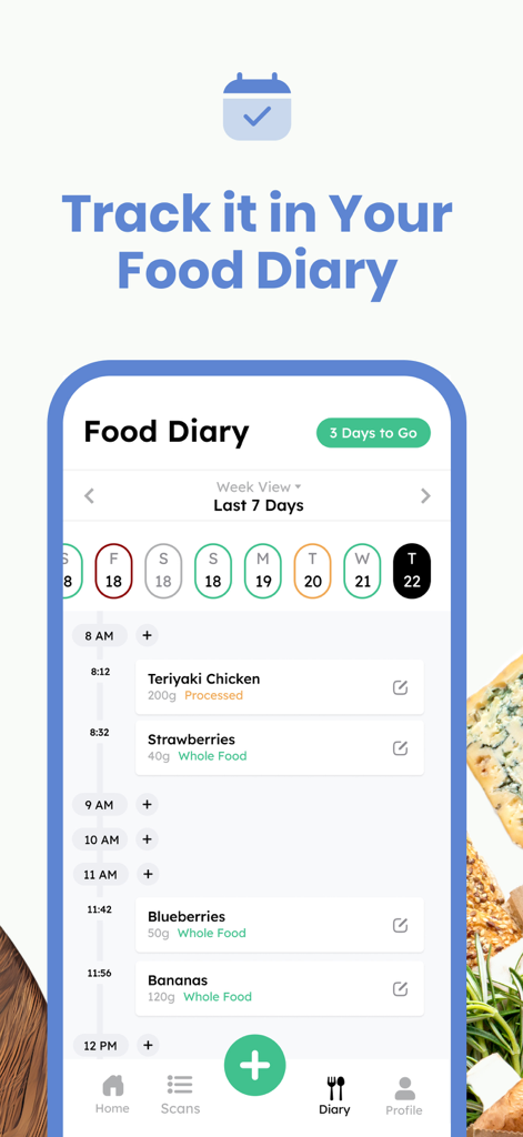 Food diary screen in the Processed app showing tracked meals categorized by processing level