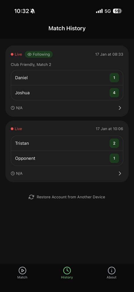 TennisLiveScore - Match history screen showing live and recorded tennis scores