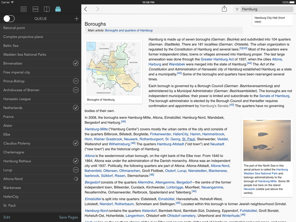 Wikipanion Plus for iPad - Wikipanion Plus für iPad, das einen Wikipedia-Artikel über Hamburg mit einer Seitenleiste für die Lesewarteschlange zeigt.