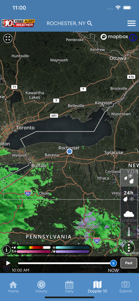 WHEC First Alert Weather - Doppler 10 weather radar map showing Rochester New York and regional precipitation levels