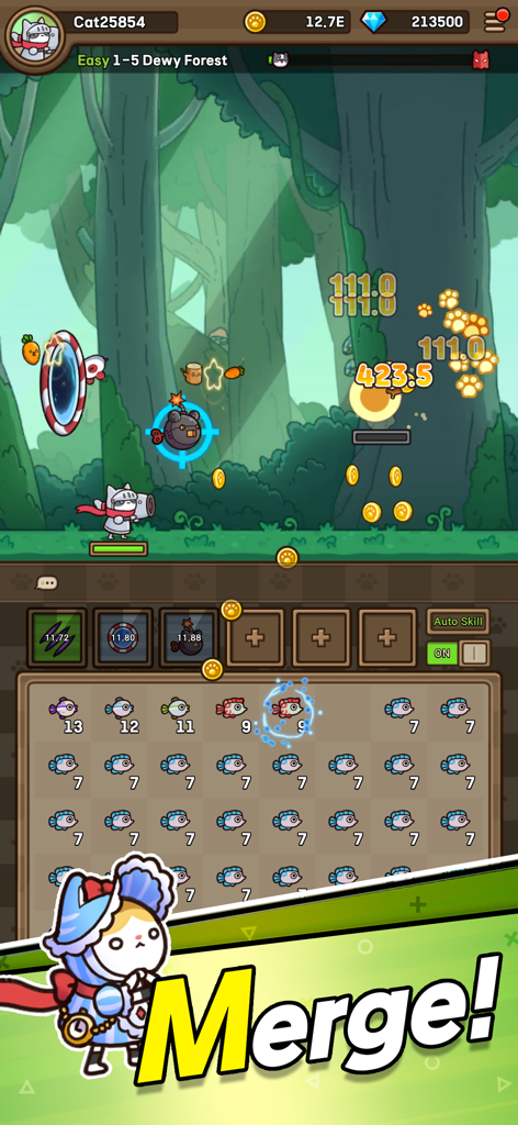 Cat Hero : Idle RPG - Captura de pantalla del gameplay de Cat Hero Idle RPG mostrando un caballero gato en batalla y una cuadrícula de fusión de peces.