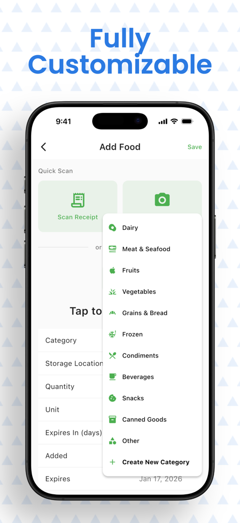 Food Stock Master interface for adding food with a dropdown menu of customizable categories